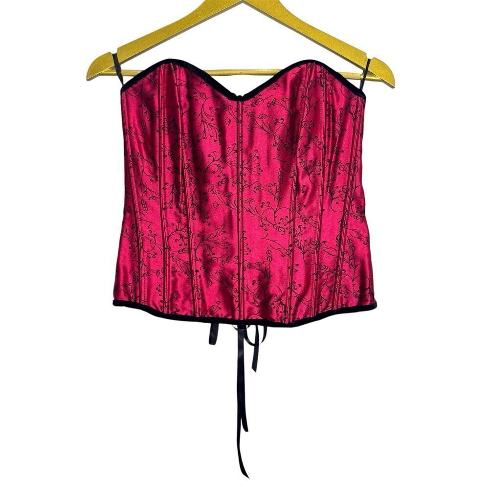 Shirley Satin Velvet Floral Lace Up Corset Top Size 34 Black Red Goth Vamp Y2K